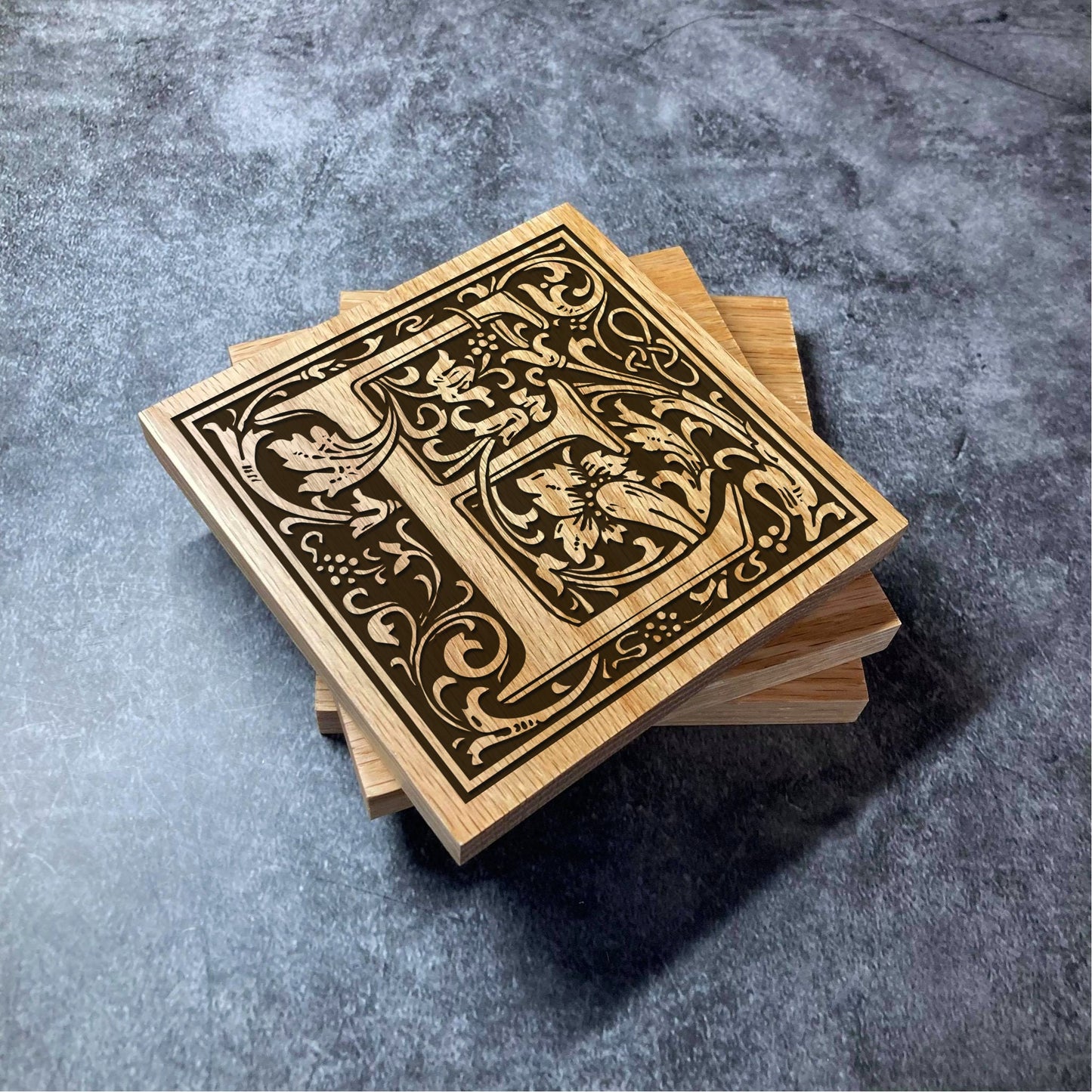 Custom Initial Coaster - Deluxe Varnished Solid Oak - Personalised Laser Engraved Name Square Wood Coasters