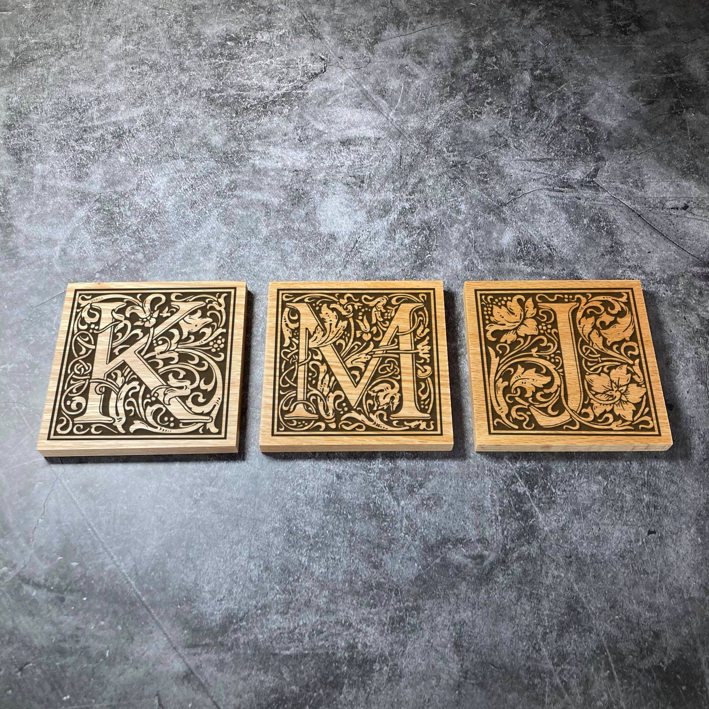 Custom Initial Coaster - Deluxe Varnished Solid Oak - Personalised Laser Engraved Name Square Wood Coasters