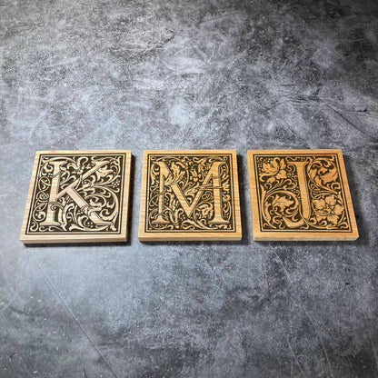 Custom Initial Coaster - Deluxe Varnished Solid Oak - Personalised Laser Engraved Name Square Wood Coasters