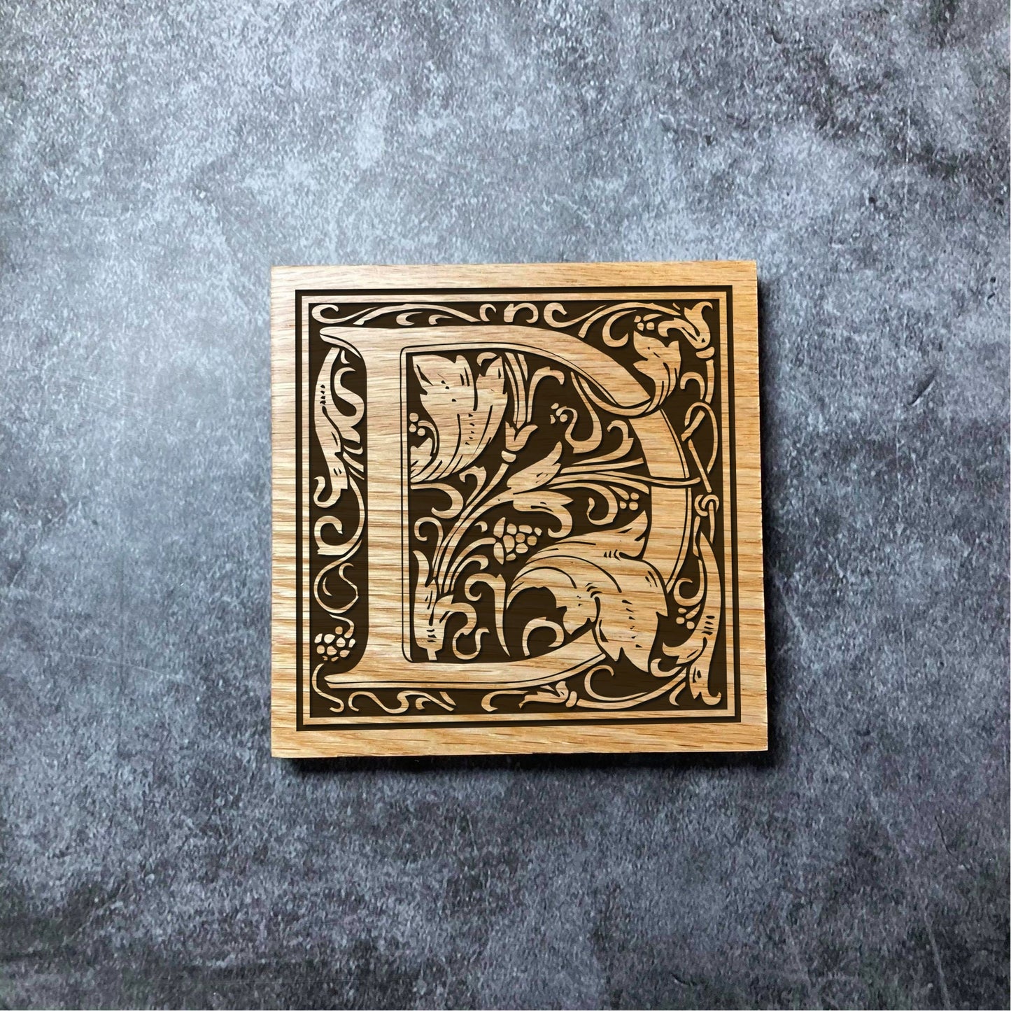 Custom Initial Coaster - Deluxe Varnished Solid Oak - Personalised Laser Engraved Name Square Wood Coasters