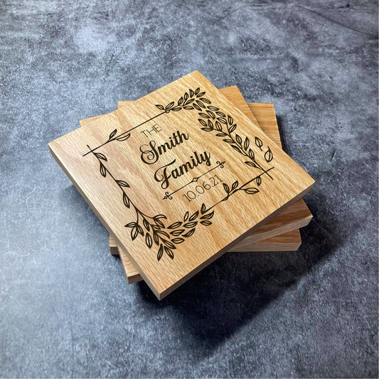 Custom Wedding Family Name Coaster  - Deluxe Varnished Oak - Floral Design - Personalised Laser Engraved Name & Date Square Wood Coasters