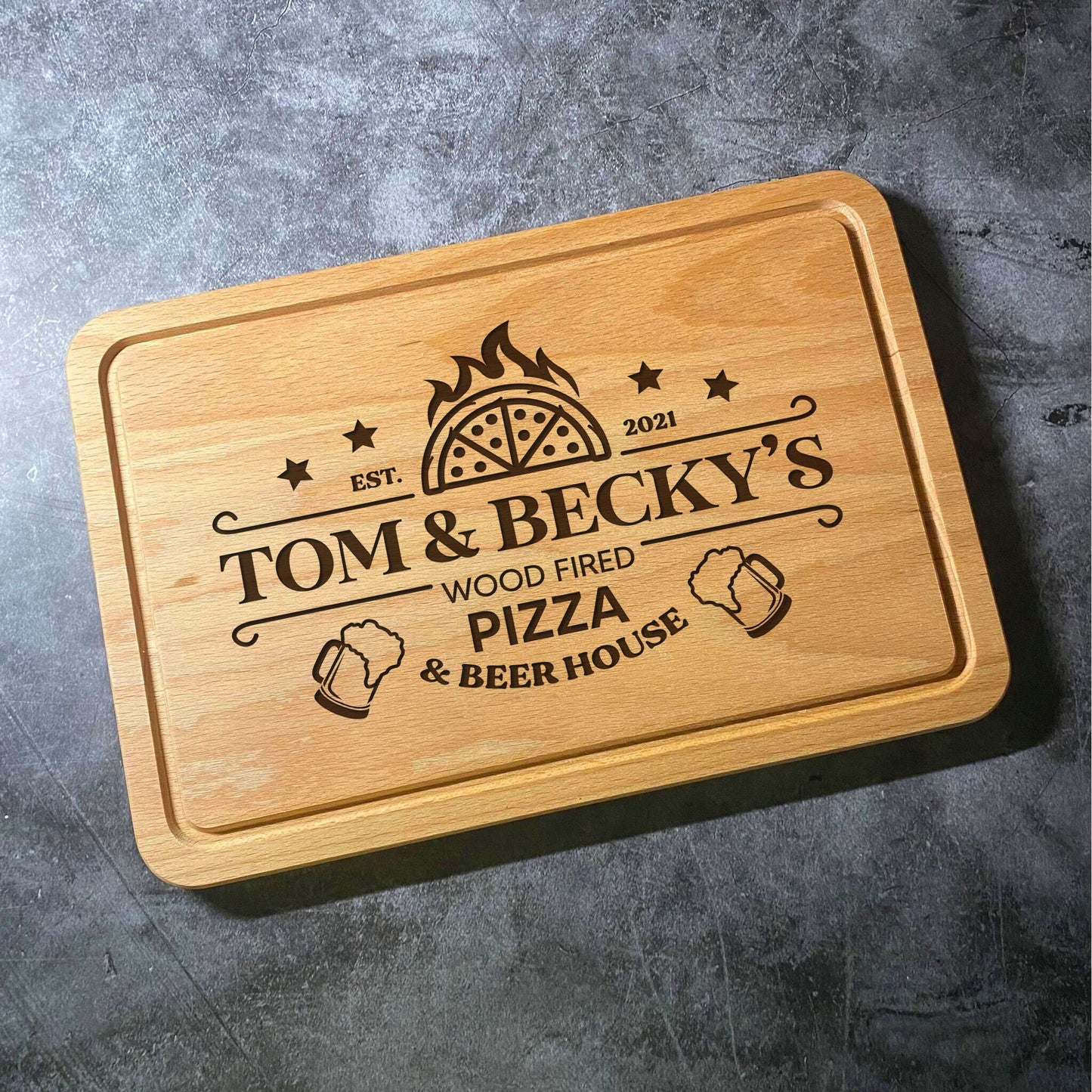 Custom Pizza & Beer Chopping Board - Restaurant Style Chopping Board - Personalised Name Laser Engraved Beech Wood Cutting Board