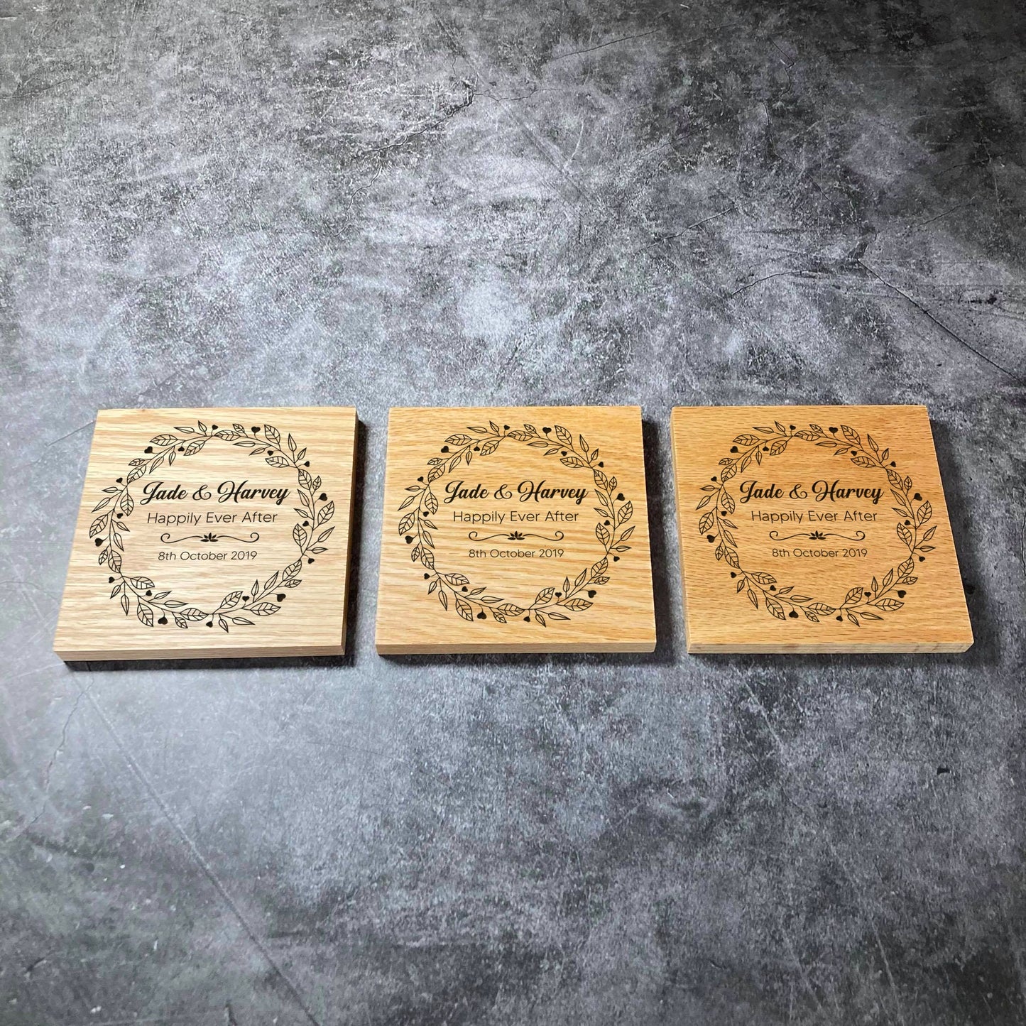 Custom Luxury Wedding / Anniversary Coasters - Deluxe Varnished Oak - Personalised Laser Engraved Names & Special Date Square Wood Coaster