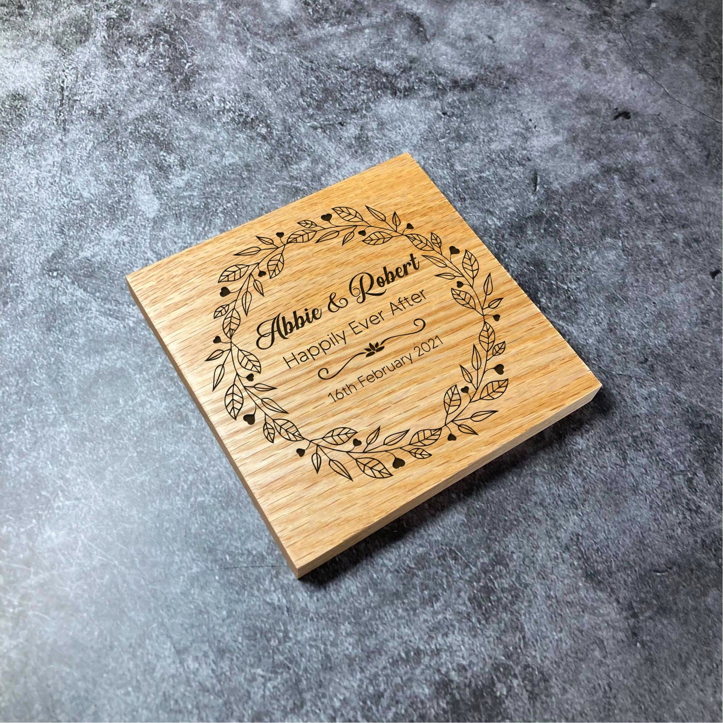 Custom Luxury Wedding / Anniversary Coasters - Deluxe Varnished Oak - Personalised Laser Engraved Names & Special Date Square Wood Coaster