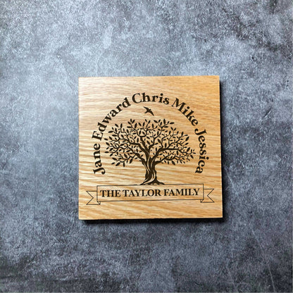 Custom Family Tree Coaster - Deluxe Varnished Oak - Personalised Laser Engraved Names & Surname Square Wood Coasters