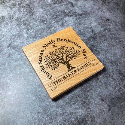 Custom Family Tree Coaster - Deluxe Varnished Oak - Personalised Laser Engraved Names & Surname Square Wood Coasters