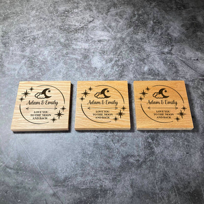 Custom 'Love You To The Moon And Back' Love Moon Coasters with Names - Deluxe Varnished Oak - Personalised Laser Engraved Names & Surname