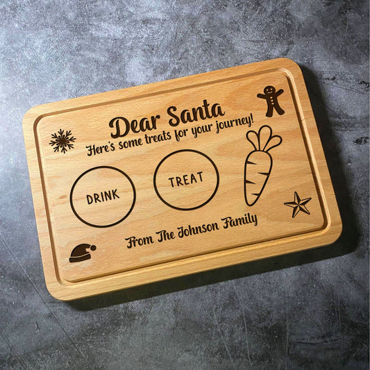 Custom Dear Santa Serving Board Christmas Chopping Board - Personalised Family Name - Drink, Treat & Carrot - Natural Beech Wood