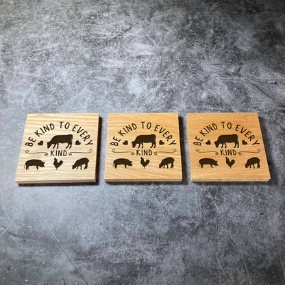 Vegan Coasters - Cute & Funny - Deluxe Varnished Square Oak Wood  - Laser Engraved Wooden Coaster Set