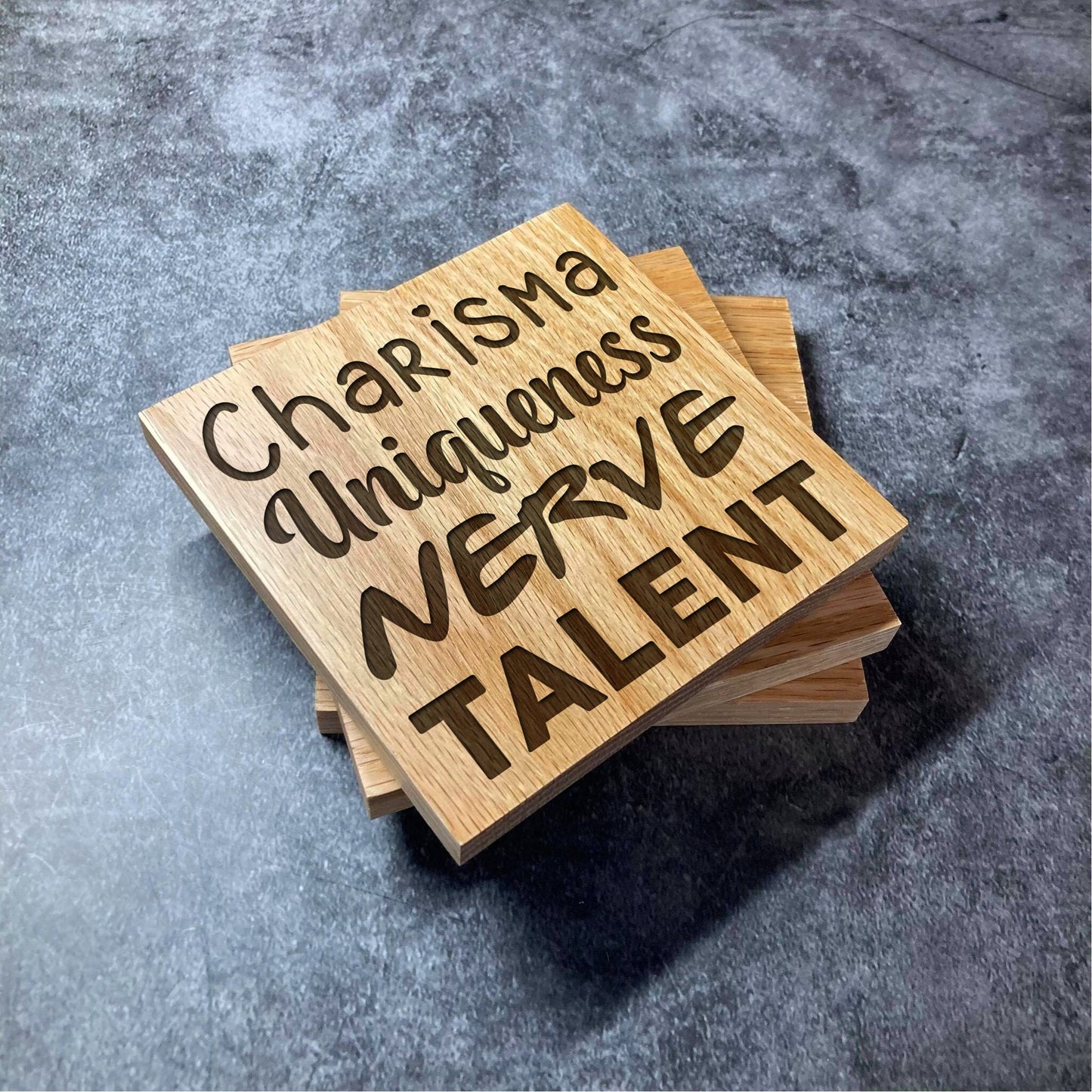 RuPaul Drag Race Coaster Charisma Uniqueness Nerve Talent - Deluxe Varnished Oak - Drag Race Quote - Laser Engraved Square Wood Coasters