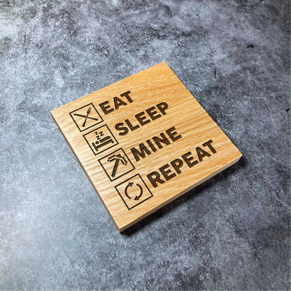 Minecraft Coaster 'Eat Sleep Mine Repeat' - Deluxe Varnished Oak Wood - Gaming Gamer Design - Laser Engraved Square Wood Coasters