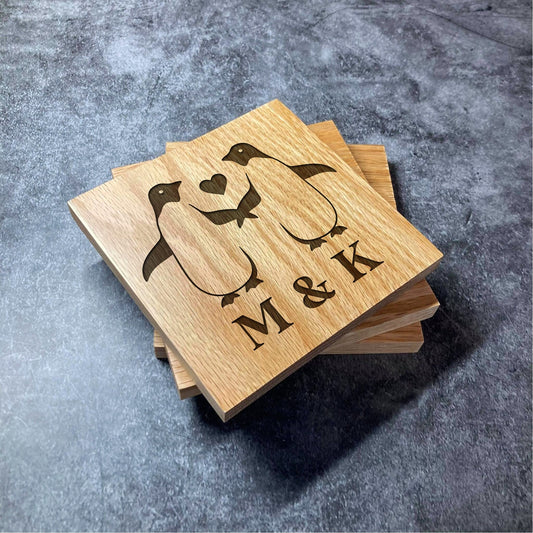 Custom Initials Cute Penguin Coaster - Deluxe Varnished Oak - Personalised Laser Engraved Valentines Love Initials Square Wood Coasters