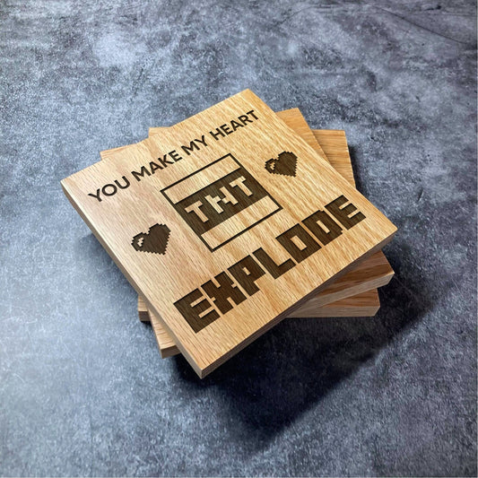 Minecraft TNT Coaster - You Make My Heart EXPLODE Couples Minecraft Coasters - Square Wood Deluxe Varnished Oak - Gaming Gamer Retro Pixel