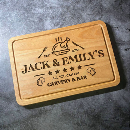 Custom Name Carvery and Bar Chopping Board - All You Can Eat Carvery & Bar - Personalised Engraved First Last Names - Multiple Board Shapes