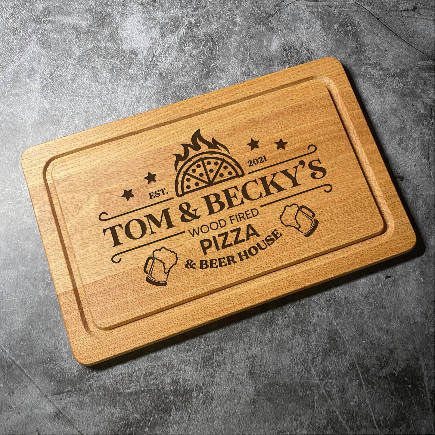 Custom Pizza & Beer Chopping Board - Restaurant Style Chopping Board - Personalised Name Laser Engraved Beech Wood Cutting Board