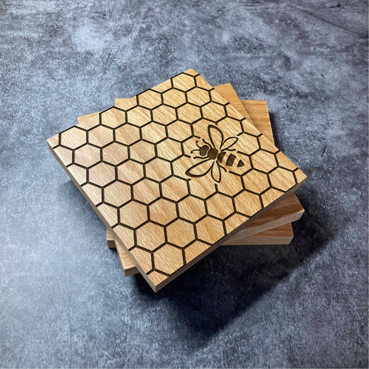 Bee Coaster - Deluxe Varnished Wood Honeycomb Coasters - Bees Nature Animal Design Modern Hexagonal Pattern - Laser Engraved SquareCoaster