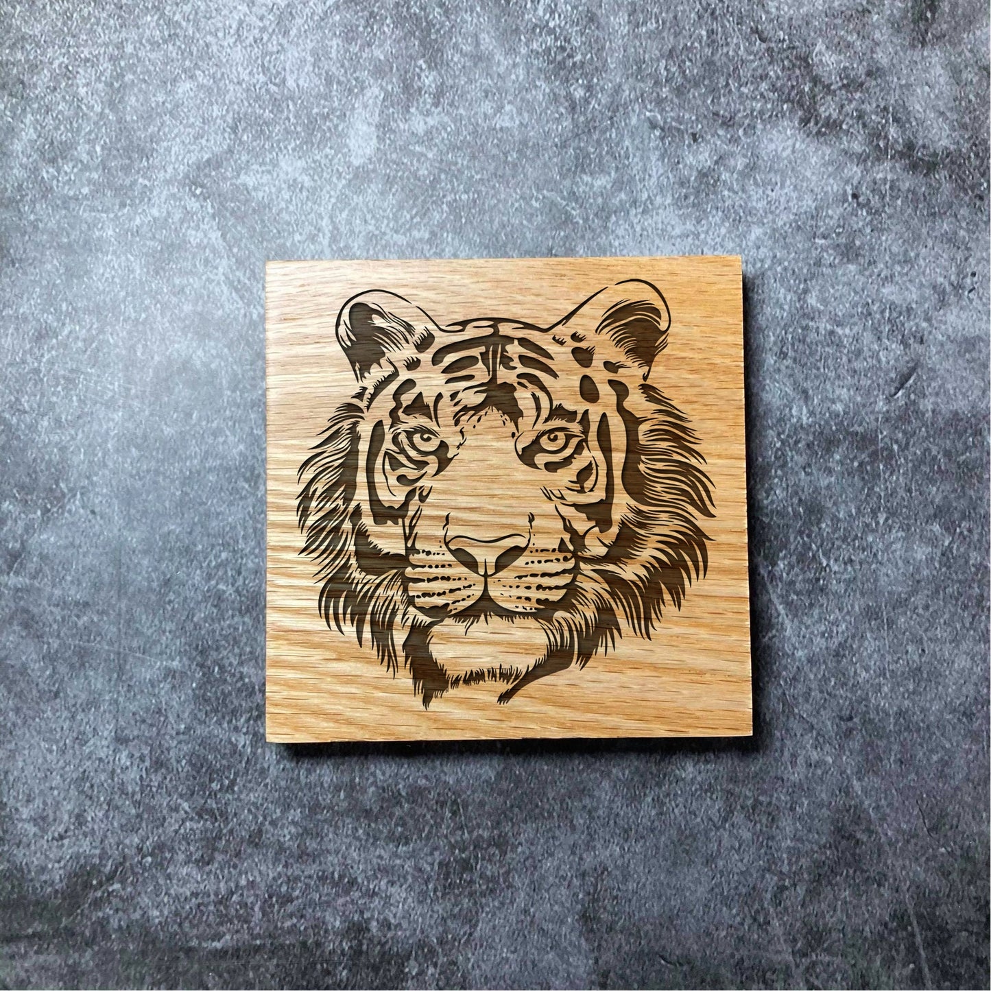 Realistic Tiger Coaster - Deluxe Varnished Oak - Nature Animal Big Cat Jungle - Laser Engraved Square Wood Coasters