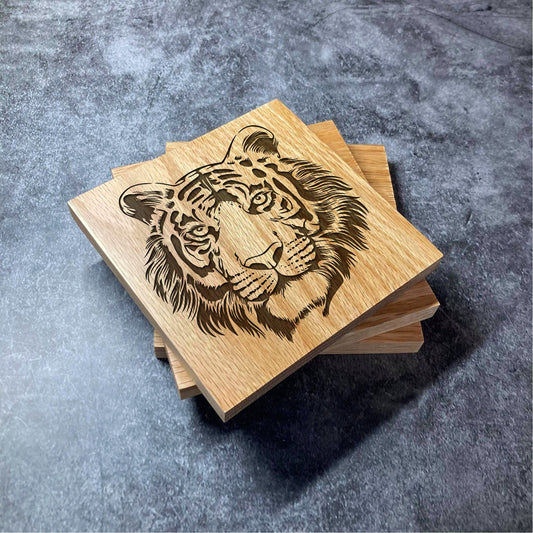 Realistic Tiger Coaster - Deluxe Varnished Oak - Nature Animal Big Cat Jungle - Laser Engraved Square Wood Coasters