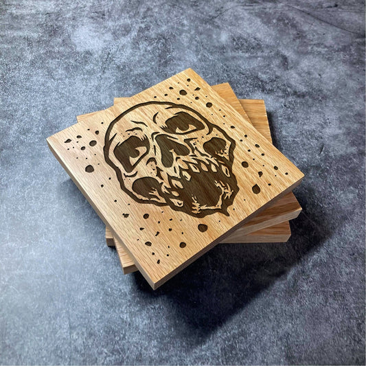 Zombie Skull Coaster - Deluxe Varnished Oak Wood - Dark Horror Splatter Design - Laser Engraved Square Wood Coasters