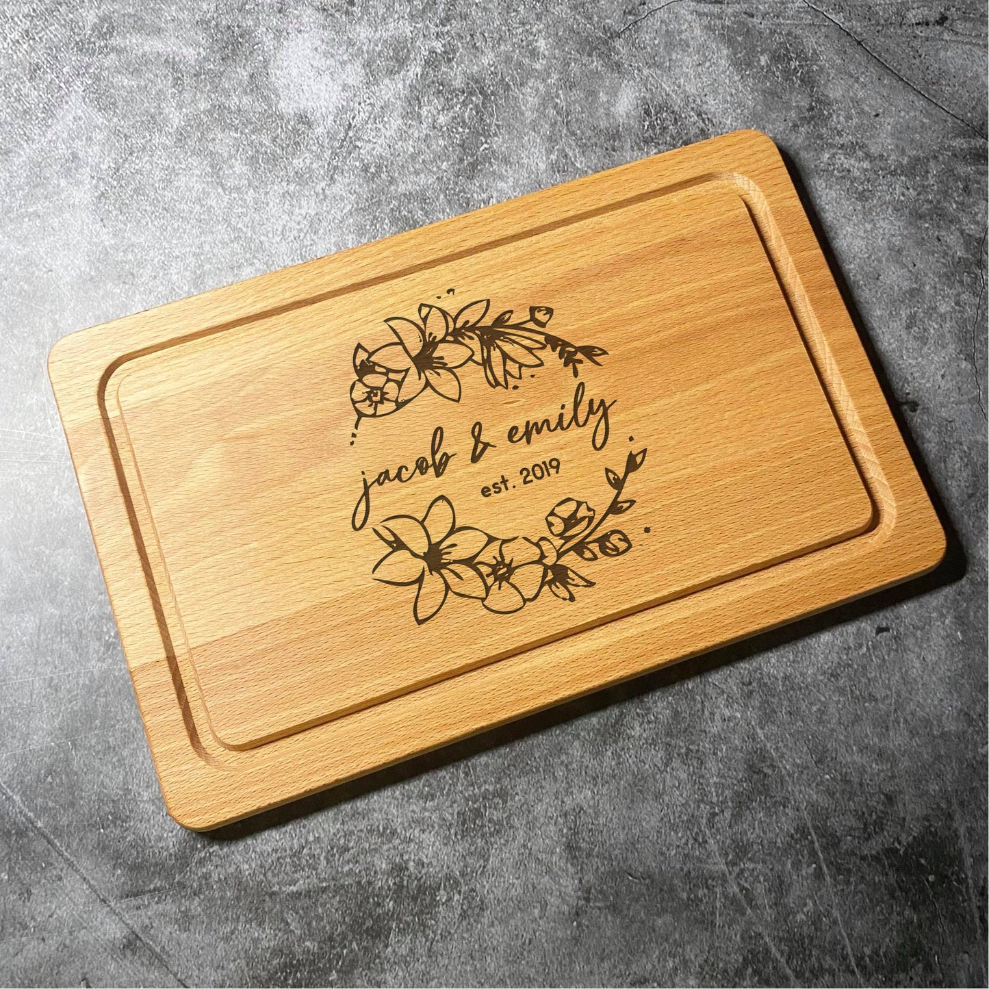 Custom Names Wedding / Anniversary Flower Floral Chopping  Board - Custom Laser Engraved - Natural Wood Multiple Cutting Board Shapes