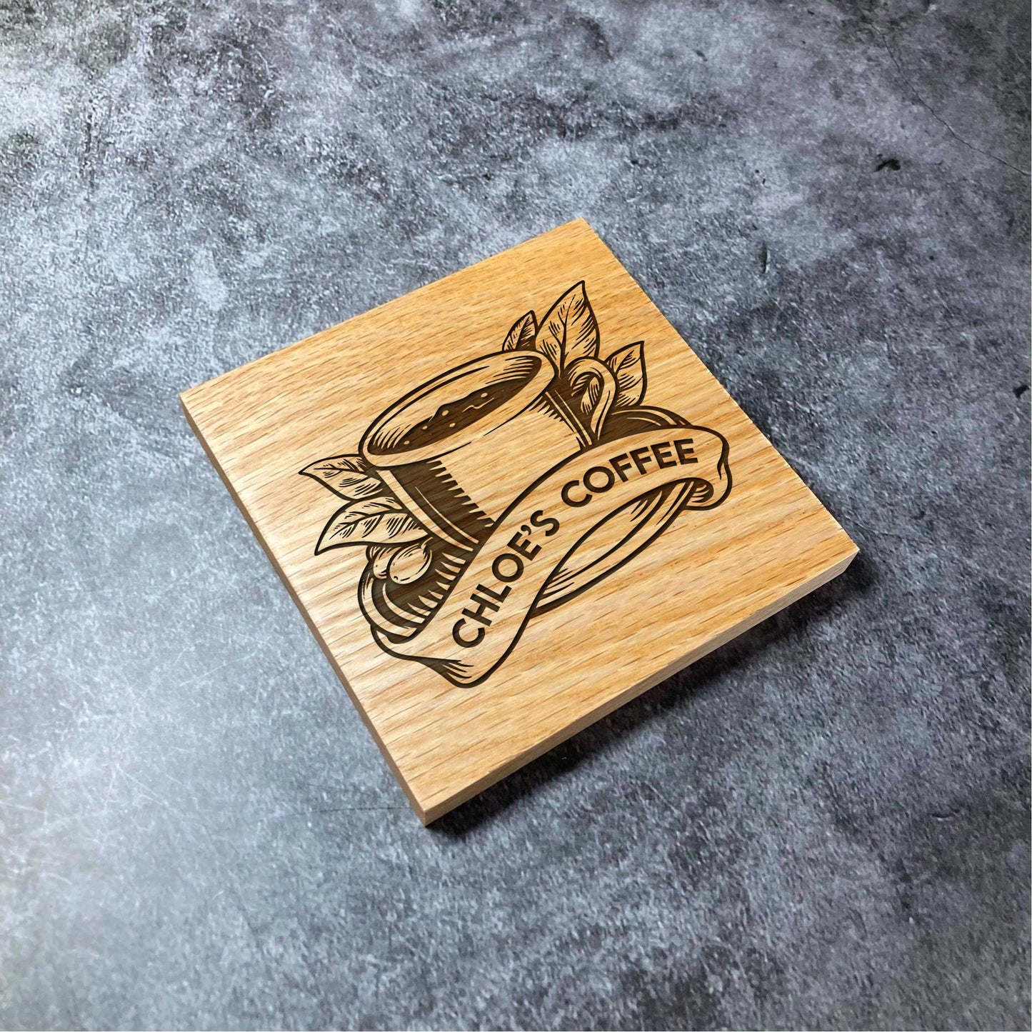 Custom Name Coffee Coaster - Deluxe Varnished Oak Wood - Coffee Leaves Cup Brew Drink - Personalised Laser Engraved Square Wood Coasters