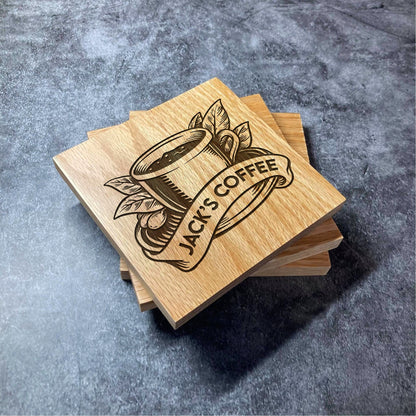 Custom Name Coffee Coaster - Deluxe Varnished Oak Wood - Coffee Leaves Cup Brew Drink - Personalised Laser Engraved Square Wood Coasters