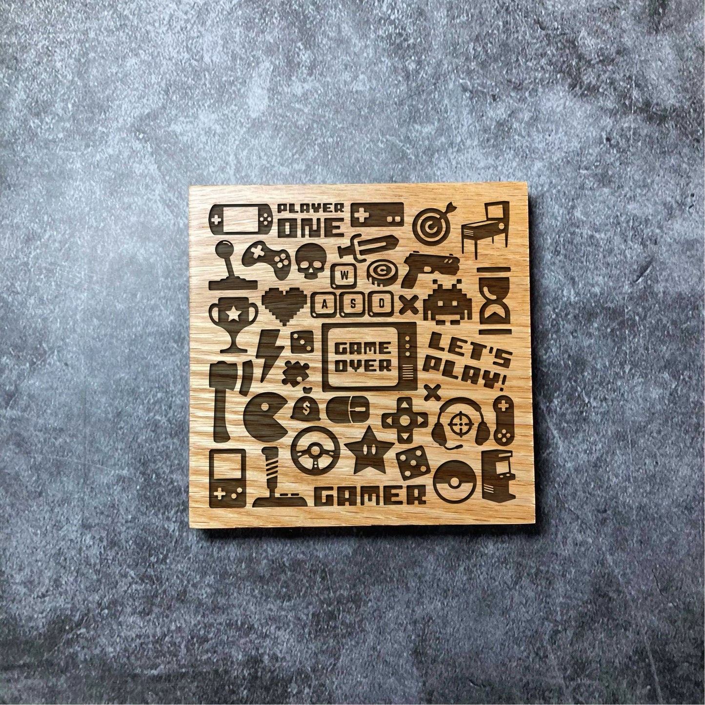 Ultimate Gaming Coaster - Deluxe Varnished Oak Wood - Gamer Games Mashup Icons Console PC - Laser Engraved Square Wood Coasters