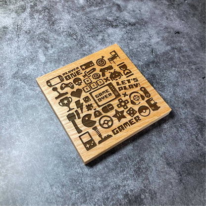 Ultimate Gaming Coaster - Deluxe Varnished Oak Wood - Gamer Games Mashup Icons Console PC - Laser Engraved Square Wood Coasters