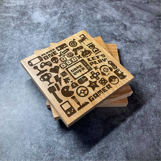 Ultimate Gaming Coaster - Deluxe Varnished Oak Wood - Gamer Games Mashup Icons Console PC - Laser Engraved Square Wood Coasters