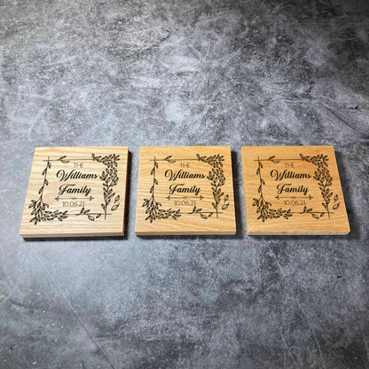 Custom Wedding Family Name Coaster  - Deluxe Varnished Oak - Floral Design - Personalised Laser Engraved Name & Date Square Wood Coasters