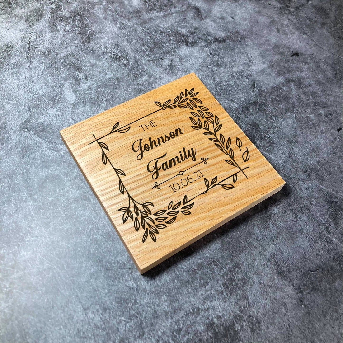 Custom Wedding Family Name Coaster  - Deluxe Varnished Oak - Floral Design - Personalised Laser Engraved Name & Date Square Wood Coasters