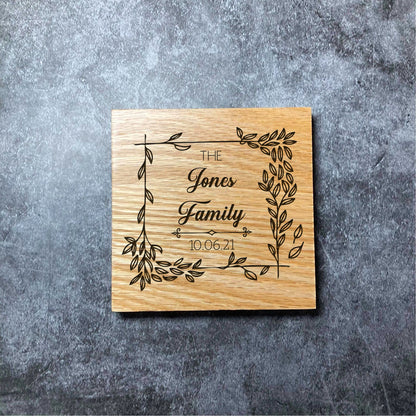 Custom Wedding Family Name Coaster  - Deluxe Varnished Oak - Floral Design - Personalised Laser Engraved Name & Date Square Wood Coasters