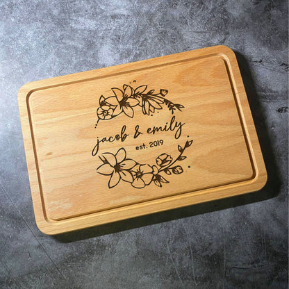 Custom Names Wedding / Anniversary Flower Floral Chopping  Board - Custom Laser Engraved - Natural Wood Multiple Cutting Board Shapes