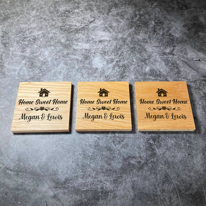 Custom Home Sweet Home Coaster - Deluxe Varnished Oak - Housewarming Wedding Anniversary - Personalised Engraved Family Names Coasters