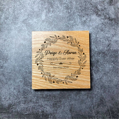 Custom Luxury Wedding / Anniversary Coasters - Deluxe Varnished Oak - Personalised Laser Engraved Names & Special Date Square Wood Coaster