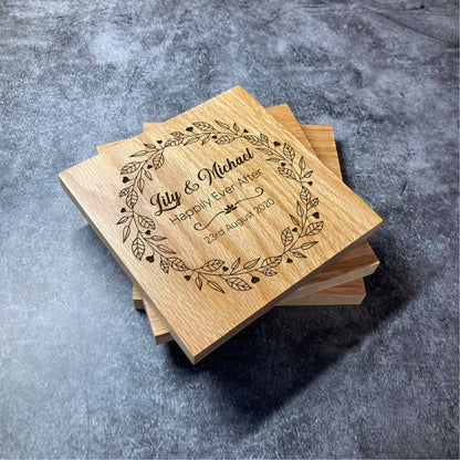 Custom Luxury Wedding / Anniversary Coasters - Deluxe Varnished Oak - Personalised Laser Engraved Names & Special Date Square Wood Coaster