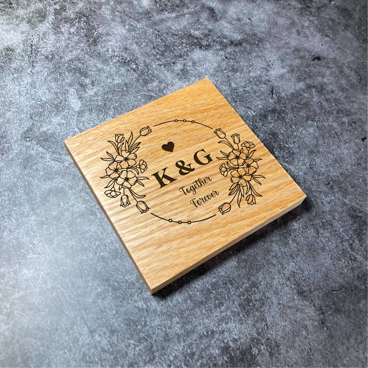 Custom Wedding Anniversary Coasters - Deluxe Varnished Oak - Personalised Laser Engraved Initials & Together Forever Square Coaster