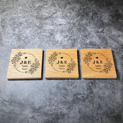 Custom Wedding Anniversary Coasters - Deluxe Varnished Oak - Personalised Laser Engraved Initials & Together Forever Square Coaster