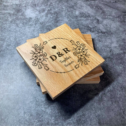 Custom Wedding Anniversary Coasters - Deluxe Varnished Oak - Personalised Laser Engraved Initials & Together Forever Square Coaster