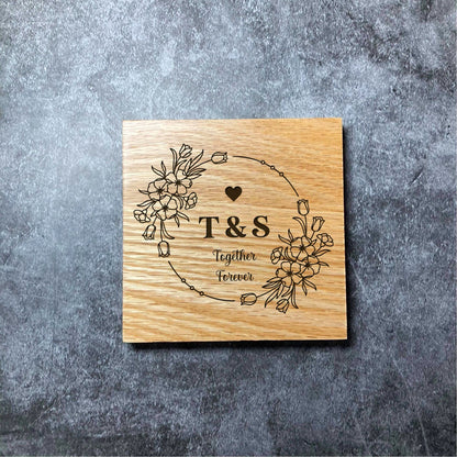 Custom Wedding Anniversary Coasters - Deluxe Varnished Oak - Personalised Laser Engraved Initials & Together Forever Square Coaster