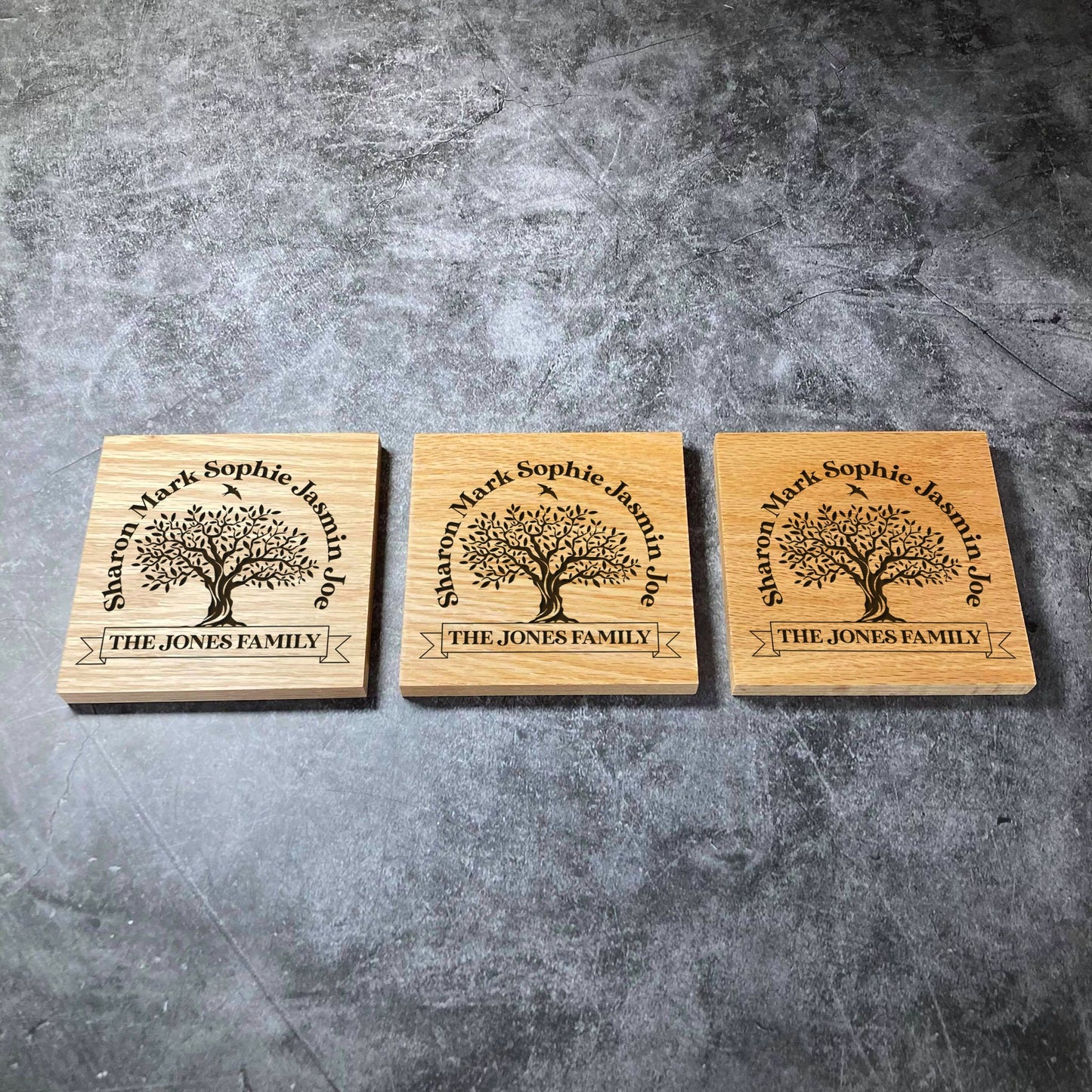 Custom Family Tree Coaster - Deluxe Varnished Oak - Personalised Laser Engraved Names & Surname Square Wood Coasters