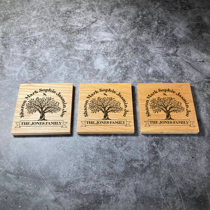 Custom Family Tree Coaster - Deluxe Varnished Oak - Personalised Laser Engraved Names & Surname Square Wood Coasters