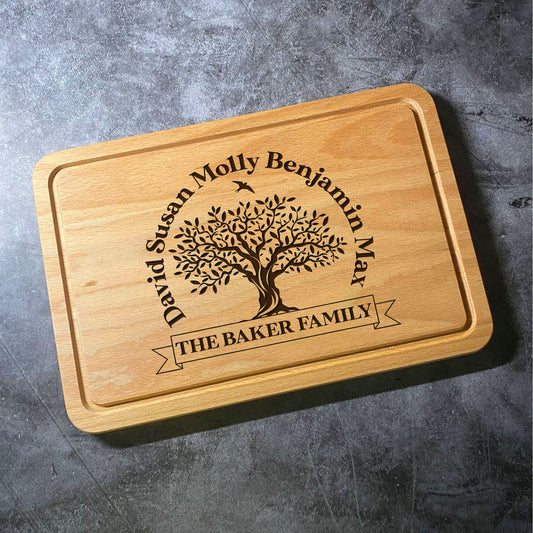 Custom Family Tree Chopping  Board - Personalised Names Surname Laser Engraved Cutting Board - Multiple Board Shapes