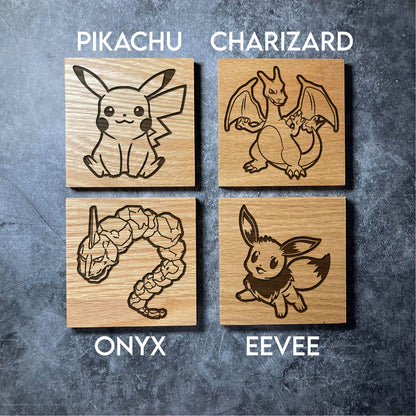 Pokemon Coasters - 16 Designs - Real Solid Oak Wood -  Pikachu Charizard Pokeball Onix Gengar etc - Engraved Square Wooden Coaster