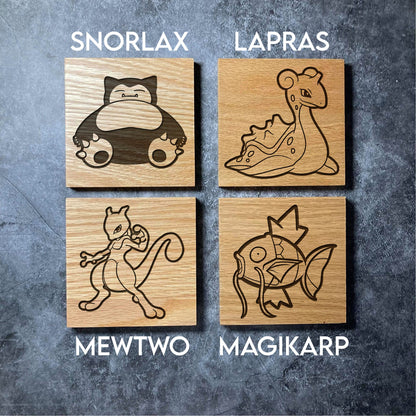 Pokemon Coasters - 16 Designs - Real Solid Oak Wood -  Pikachu Charizard Pokeball Onix Gengar etc - Engraved Square Wooden Coaster