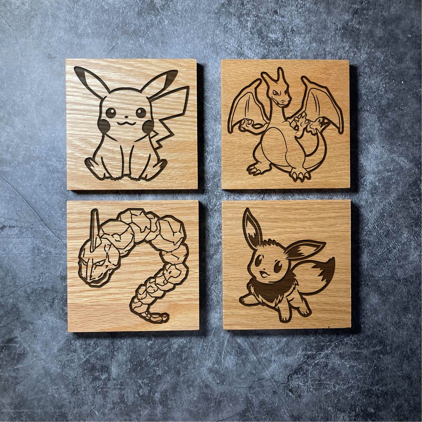 Pokemon Coasters - 16 Designs - Real Solid Oak Wood -  Pikachu Charizard Pokeball Onix Gengar etc - Engraved Square Wooden Coaster