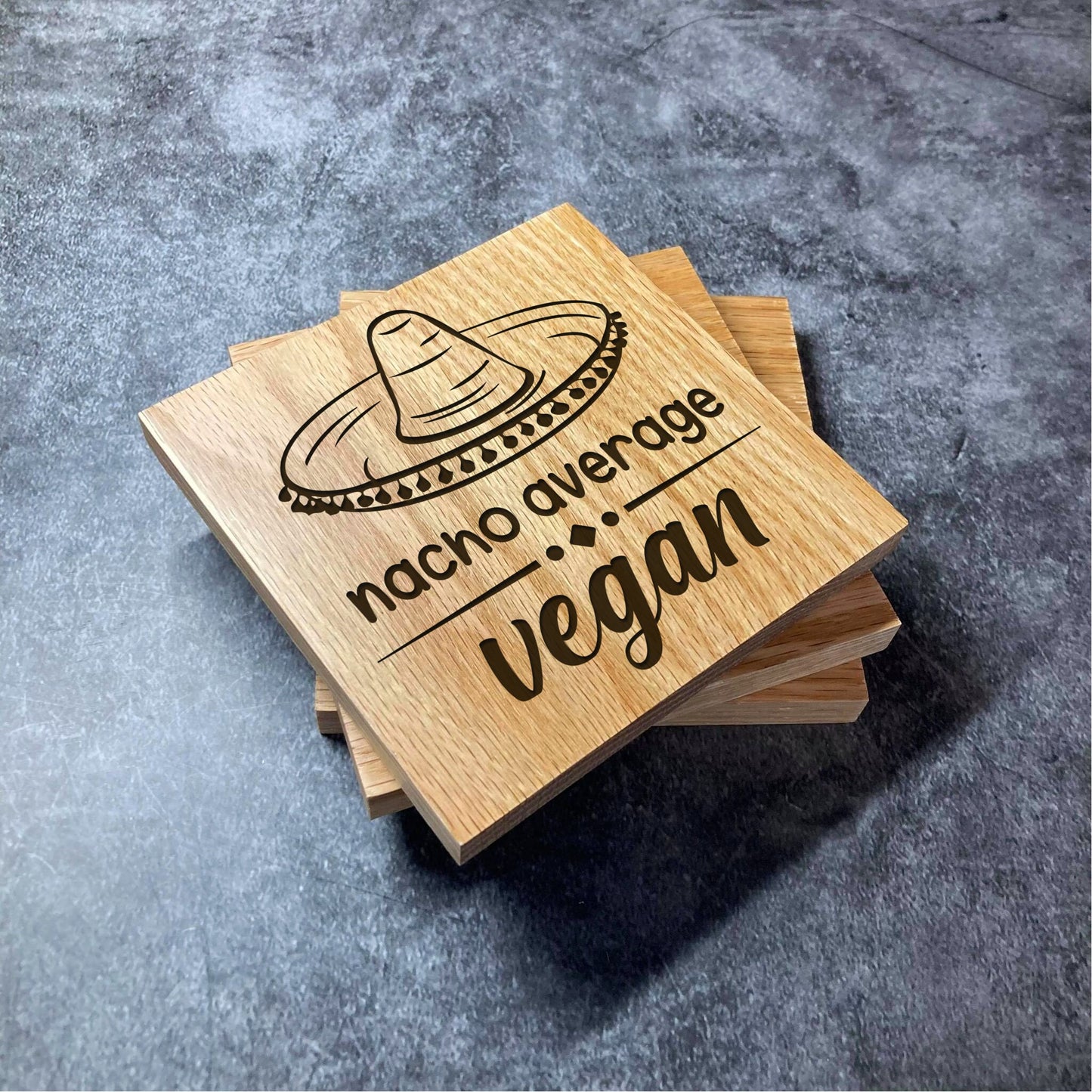 Vegan Coasters - Cute & Funny - Deluxe Varnished Square Oak Wood  - Laser Engraved Wooden Coaster Set