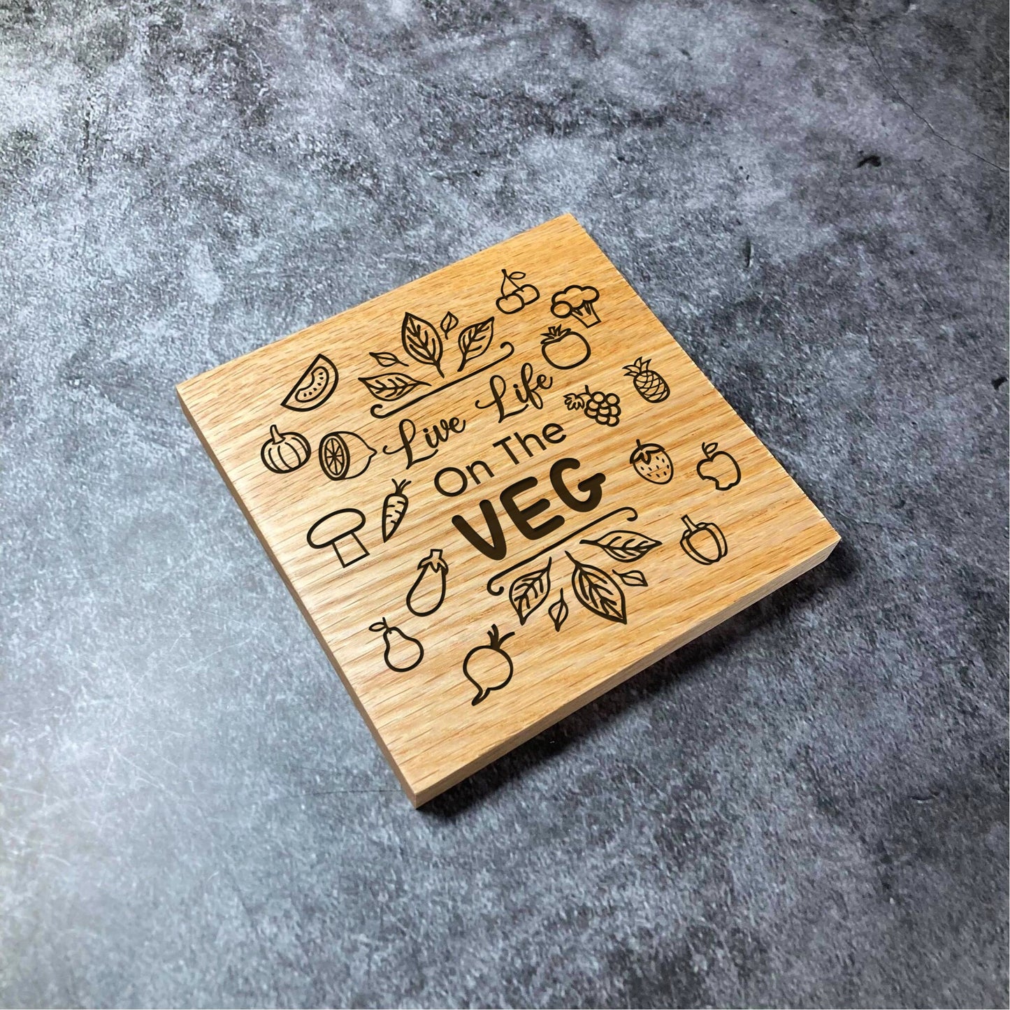 Vegan Coasters - Cute & Funny - Deluxe Varnished Square Oak Wood  - Laser Engraved Wooden Coaster Set