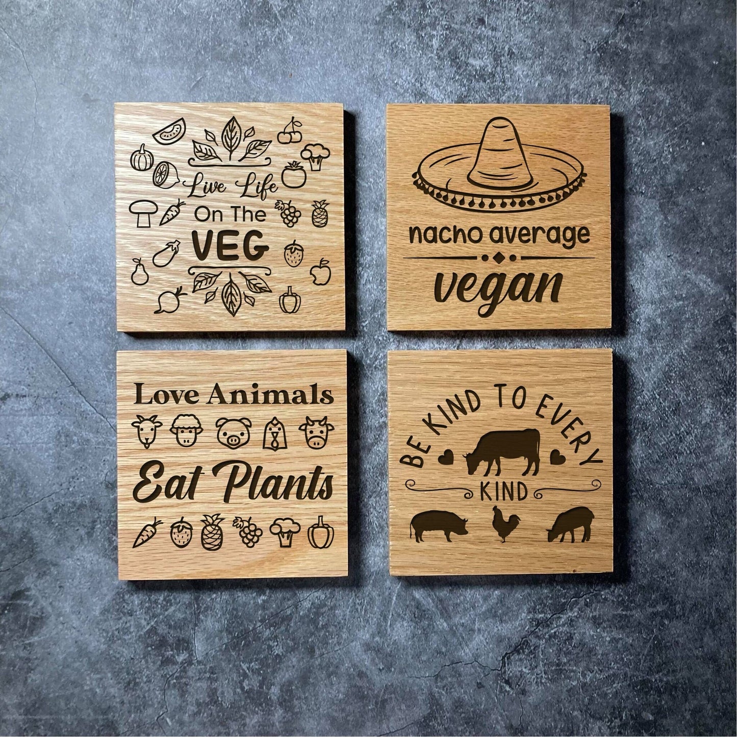 Vegan Coasters - Cute & Funny - Deluxe Varnished Square Oak Wood  - Laser Engraved Wooden Coaster Set