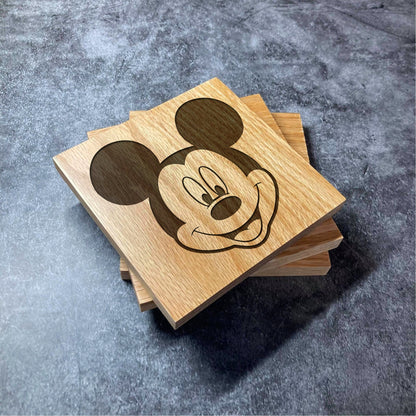 Mickey Mouse Coaster - Deluxe  Varnished Oak Wood - Laser Engraved Disney Square Coasters